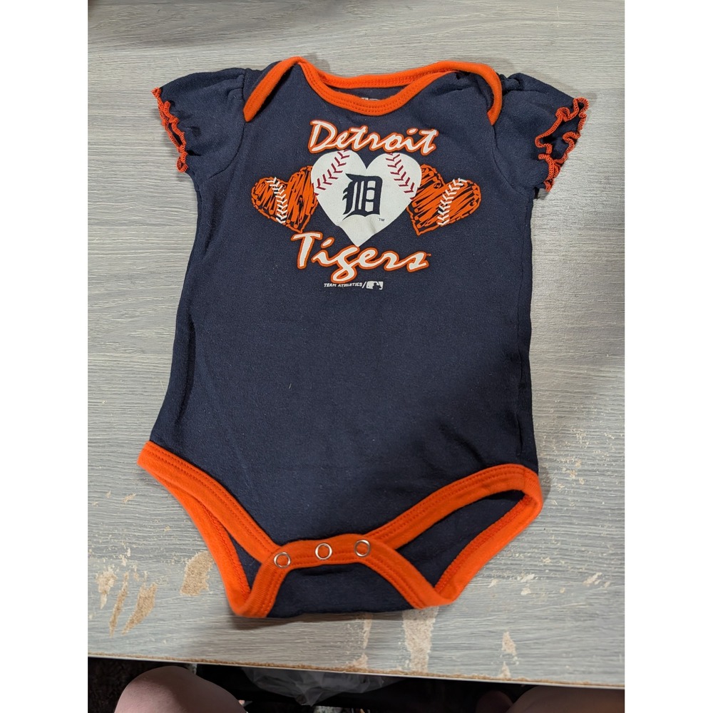 Team Athletics Detroit Tigers Navy Blue Orange Hearts Ruffle Bodysuit 12M MLB